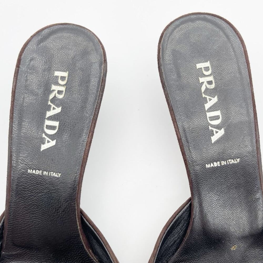 Prada Retro Vintage Y2K Brown Suede Western Buckle Kitten Heel Mules IT 35 - Picture 8 of 10